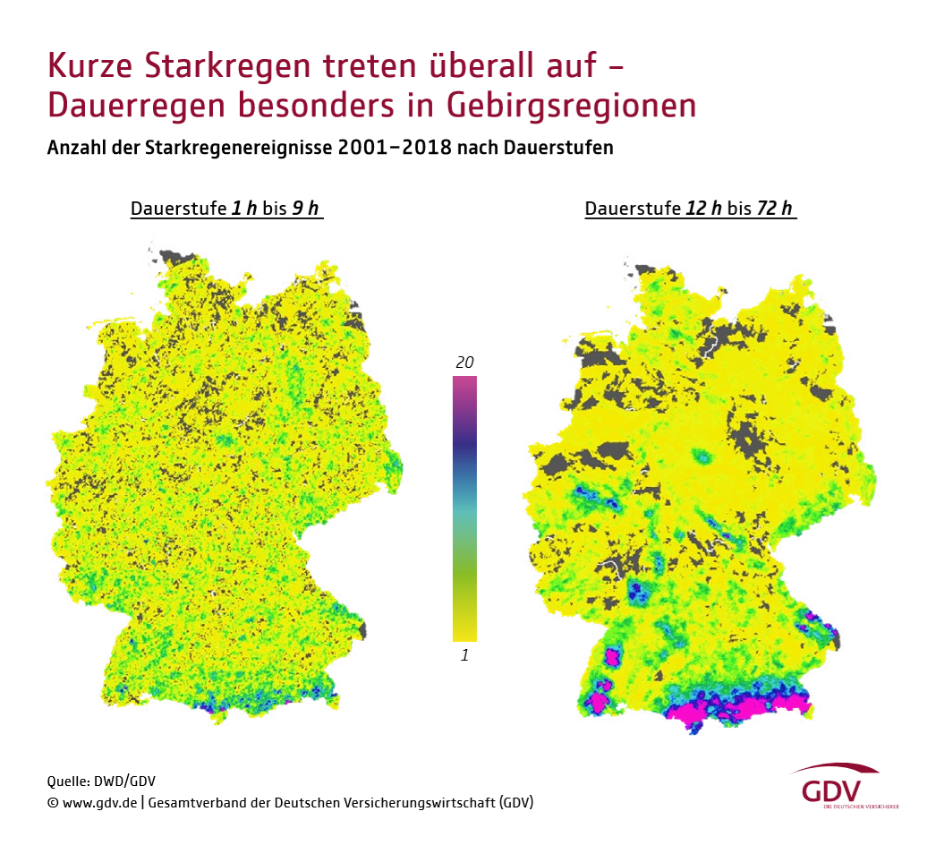 Kurze Starkregen treten überall auf – Dauerregen besonders in Gebirgsregionen 